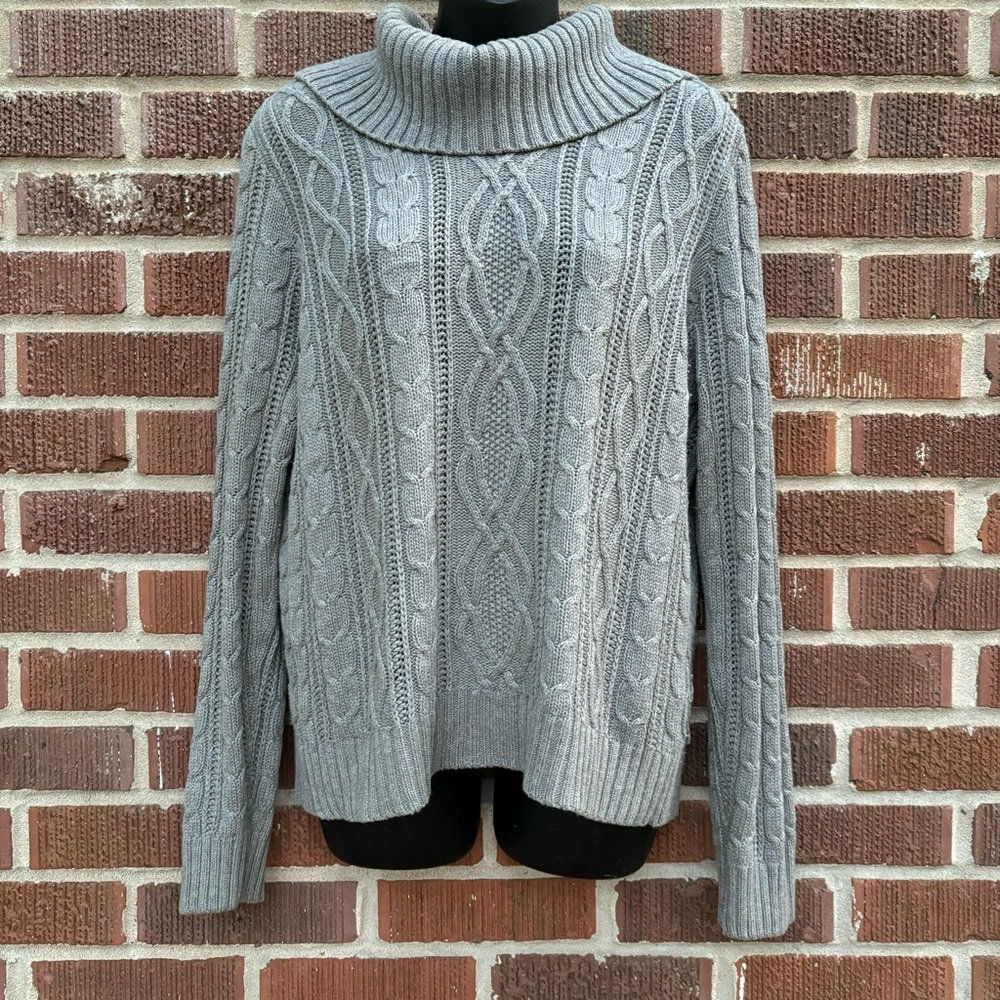 Jeanne Pierre cowl neck cable knit 100% Cotton Gray Sweater size Large